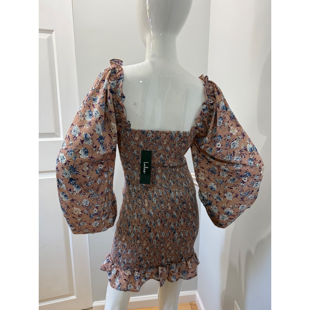Lulus Floral Smocked Cutout Mini Dress NWT Pink Mauve Long Sleeve Size M - Picture 11 of 13